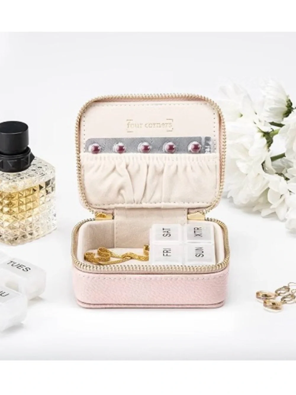 Four Corners Weekly Pill Organizer/Jewelry Travel Case  Blush with Gold Hardware